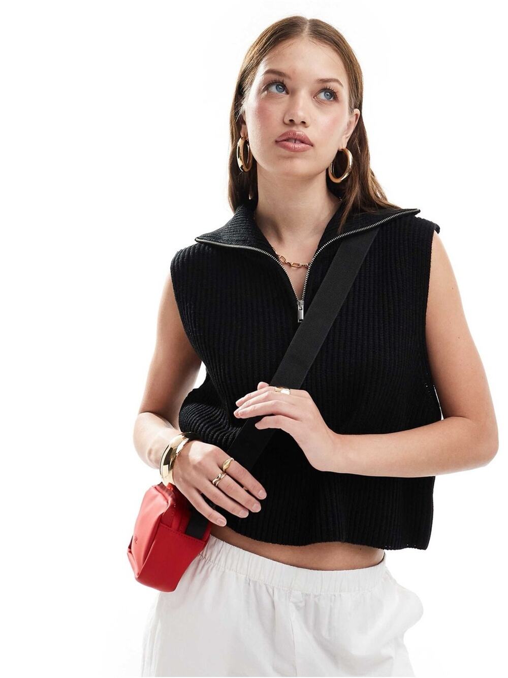 Miss Selfridge 8/10 Half Zip Knitted Tank Top Preppy Sweater Vest Sleeveless